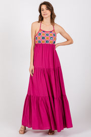 Magenta Crochet Cutout Halter Maxi Dress