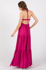 Magenta Crochet Cutout Halter Maxi Dress