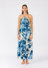 Blue Floral Smocked Halter Maternity Maxi Dress