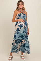 Blue Floral Smocked Halter Maternity Maxi Dress