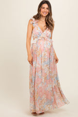 Light Pink Floral Ruffle Accent Cutout Maternity Gown