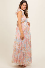 Light Pink Floral Ruffle Accent Cutout Maternity Gown