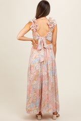 Light Pink Floral Ruffle Accent Cutout Maternity Gown