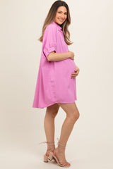 Pink Collared Button Down Maternity Shirt Dress