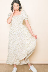 Cream Floral Smocked Square Neck Tiered Puff Short Sleeve Maxi Dress