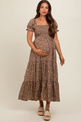 Mocha Floral Short Sleeve Maternity Maxi Dress