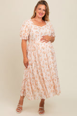 Cream Floral Puff Sleeve Plus Maternity Maxi Dress