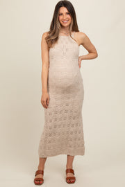 Beige Crochet Knit Back Cutout Maternity Maxi Dress