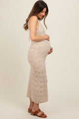 Beige Crochet Knit Back Cutout Maternity Maxi Dress