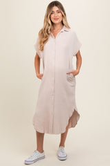 Cream Double Gauze Button Down Maternity Maxi Shirt Dress