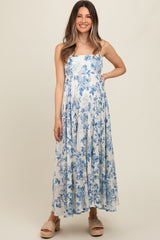 Cream Floral Flowy Sleeveless Squared Neckline Maternity Dress