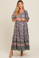 Olive Floral Paisley Cinched Neckline Maternity Maxi Dress