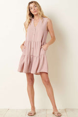 Rose Button Front Sleeveless Mini Dress