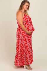 Red Floral Self Tie Sleeveless Maternity Dress