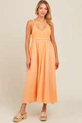 Peach V-Neck Crochet Top Midi Dress