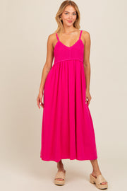 Fuchsia V-Neck Crochet Top Midi Dress