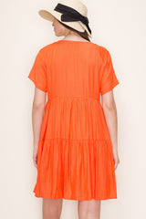 Orange V-Neck Tiered Short Sleeve Dress