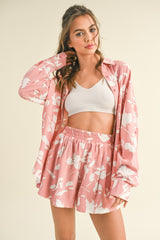 Mauve Floral Button Up Long Sleeve Short Set