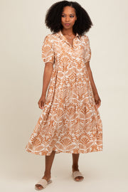 Camel Damask Print Button Down Midi Dress