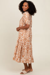 Camel Damask Print Button Down Midi Dress