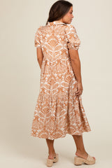 Camel Damask Print Button Down Maternity Midi Dress