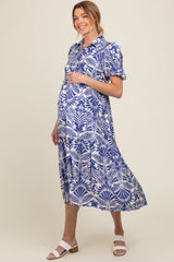 Royal Blue Damask Print Button Down Maternity Midi Dress