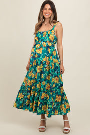 Yellow Floral Tiered Sash Tie Maternity Midi Dress