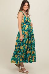 Yellow Floral Tiered Sash Tie Maternity Midi Dress