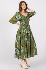 Olive Floral Smocked Midi Dress