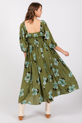 Olive Floral Smocked Midi Dress