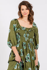 Olive Floral Smocked Midi Dress