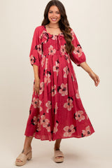 Red Floral Smocked Maternity Midi Dress