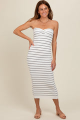 White Striped Strapless Fitted Maxi Dress