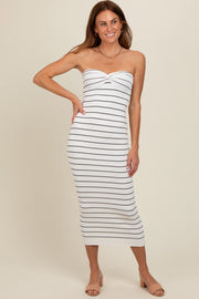 White Striped Strapless Fitted Maxi Dress