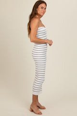 White Striped Strapless Fitted Maxi Dress