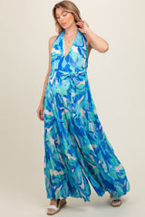 Blue Printed Halter Neck Wide Leg Maternity Jumpsuit