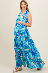 Blue Printed Halter Neck Wide Leg Maternity Jumpsuit