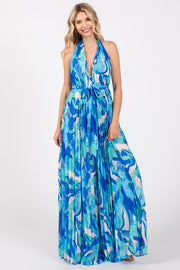 Blue Printed Halter Neck Wide Leg Jumpsuit