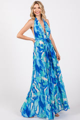 Blue Printed Halter Neck Wide Leg Jumpsuit