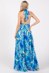 Blue Printed Halter Neck Wide Leg Jumpsuit