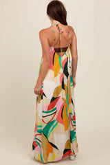 Multicolor Abstract Print Halter Maxi Dress