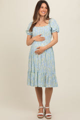 Light Blue Floral Puff Sleeve Smocked Chest Maternity Dress