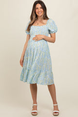 Light Blue Floral Puff Sleeve Smocked Chest Maternity Dress