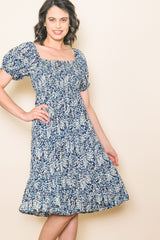 Navy Blue Floral Puff Sleeve Smocked Chest Maternity Dress