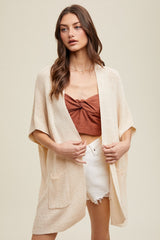 Beige Drop Shoulder Side Pocket 3/4 Sleeve Maternity Cardigan