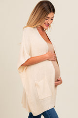 Beige Drop Shoulder Side Pocket 3/4 Sleeve Maternity Cardigan