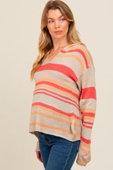 Beige Multi-Color Striped V-Neck Maternity Sweater