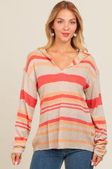 Beige Multi-Color Striped V-Neck Sweater