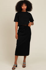 Black Short Sleeve Midi Skirt Set