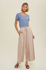 Beige Pleated Elastic Waist Wide Leg Crop Pants